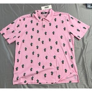 Jogal Mens XL Pink Cactus Print Short Sleeve Polo Shirt Cotton Spandex New